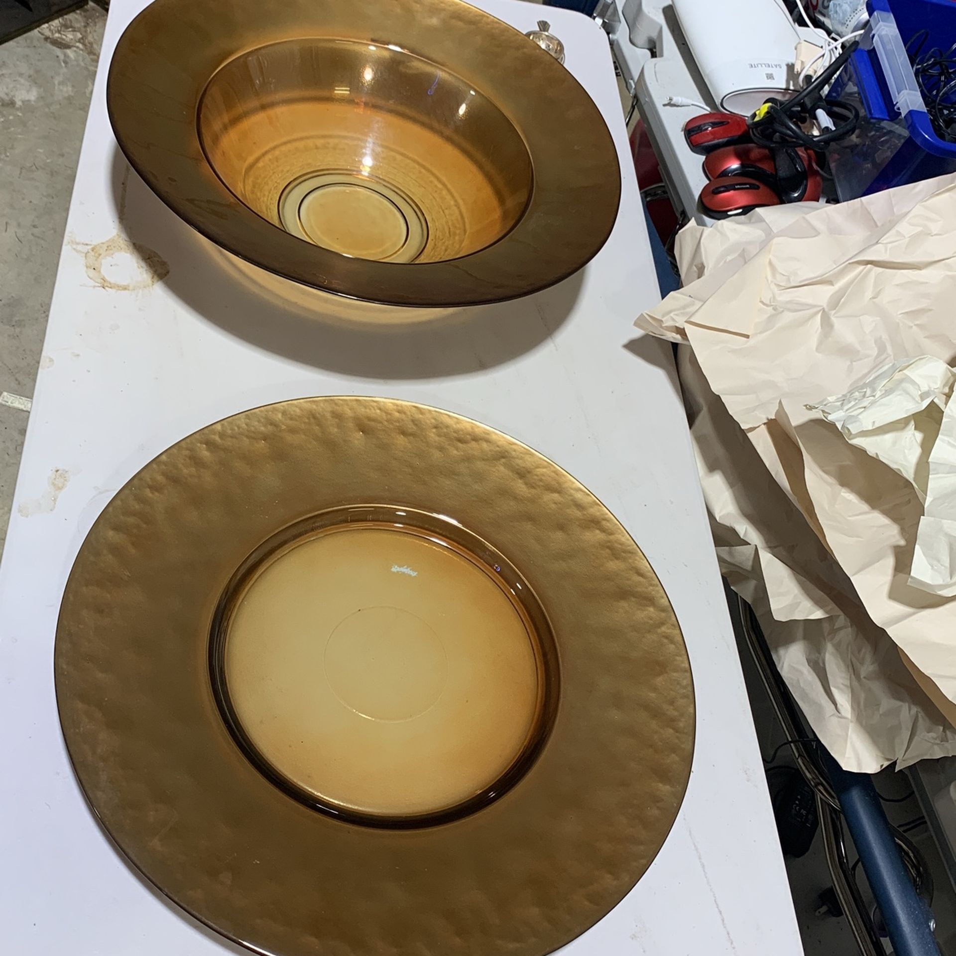 Large Amber And Gold Plate And Bowl
