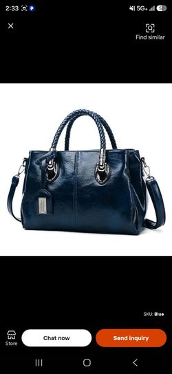 Blue Leather Tote Handbag with Braided Handles
