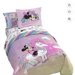 Minnie Mouse Rainbow Unicorn Dreams Kids Pink 100% Microfiber 7-Piece Bedding Set, Full