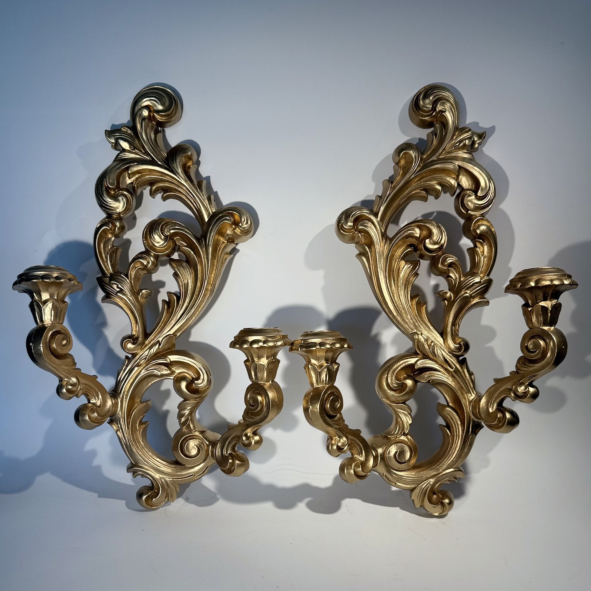 Set of 2 Large Vintage Syroco Rococo Style Gold Candle Wall Sconces 17”