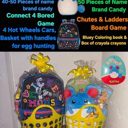Easter Baskets, board games, name brand candies, pokemon plush, disney store plushies