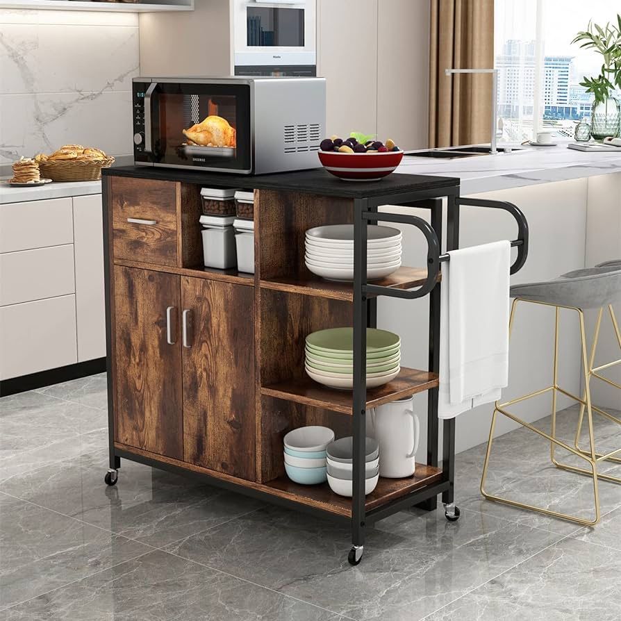 Kitchen Island on Wheels with Storage, Mobile Kitchen Cart Island Table with Drawer and 3 Open Storage Shelves Wood Kitchen Serving Utility Trolley Ca