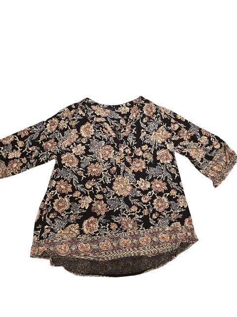 Lucky Brand LA Tunic Blouse Top Black Floral Boho 3/4 Sleeves Paisley Peasant