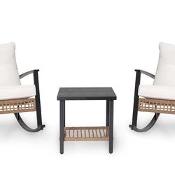 🔥Brand new🔥 3 Pieces Patio Furniture Set, Wicker Rocking Chairs Bistro Set with Coffee Table, Outdoor Furniture for Garden, Balcony, Backyard (Beige