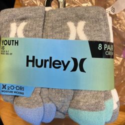 New. 8ct Hurley Crew Socks. Kids  XSmall