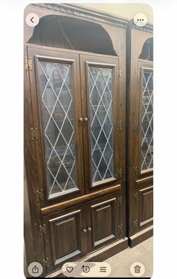 Tall brown wood kitchen hutch 2 glass shelves