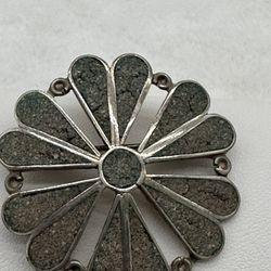 Vintage Vergas Mexico Silver Brooch/Pendant Inlay Crushed Turquoise Heart Shaped Petals 1950’s Boho 