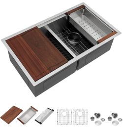 36 Inch Large Double Bowl Low-Divide Kitchen Sink Workstation Stainless Steel - 36"x19"x10"