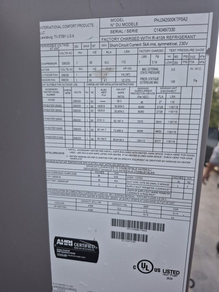 3 1/2 Ton Heat Pump 230 Or 240 Watt