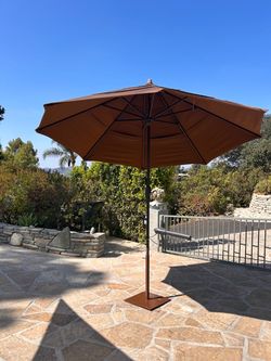 2 brown Sunbrella umbrellas