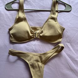 Women’ 2 Piece Ribbed Bikini Sets Wide Straps High Cut Bathing Suit Light Yellow