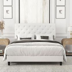 New Queen Faux Leather Upholstered Platform Bed Frame with Adjustable Headboard, Diamond Button Tufted Style, White