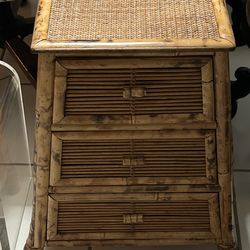 Boho Bamboo Three Drawer Side Table Vintage