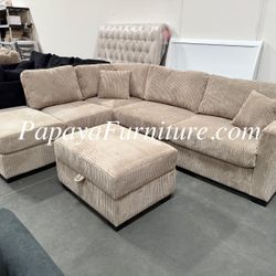 NEW Tan Soft Fabric Sectional Sofa and REVERSIBLE Left or Right Side Chaise Set FREE STORAGE OTTOMAN Brown Beige Ashley IKEA Style Big Couch Sale USB