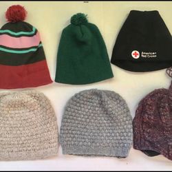 6 Preowned Women’s Winter Hats Wool + Cotton Beanies, Pom Poms, Chin Tie, Ear Flaps etc. Columbia Brand