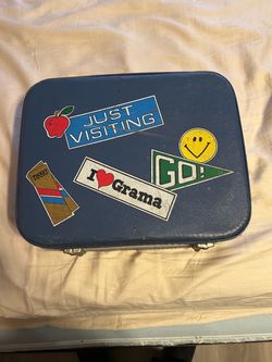 Vintage Blue Hard-Shell Suitcase with Stickers