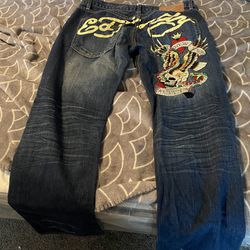 Vintage Ed Hardy by Christian Audigier Painted Spellout Denim Y2K Jeans 33x32