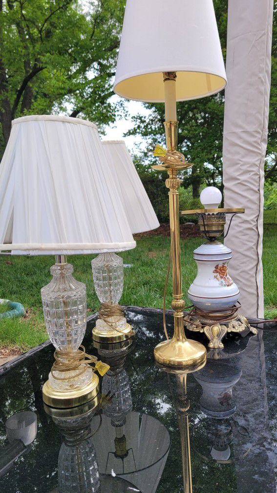 Assorted Crystal And Brass Lamps Antique