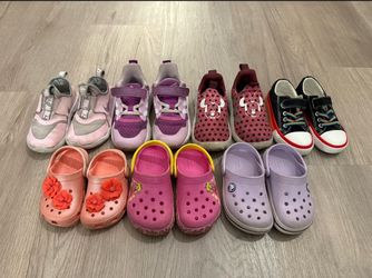 7 Pairs Of Girls Shoes Crocs Adidas Nike Sizes 6 8 9 9.5 Kids Youth Sneakers Tennis Shoes