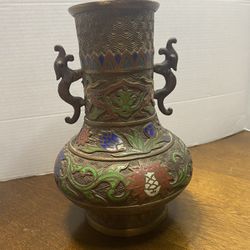 Vintage Japanese Brass Enamel Vase With Dragon Handles 