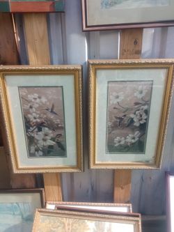 Pair Of Framed Hummingbird Flower Paintings 
