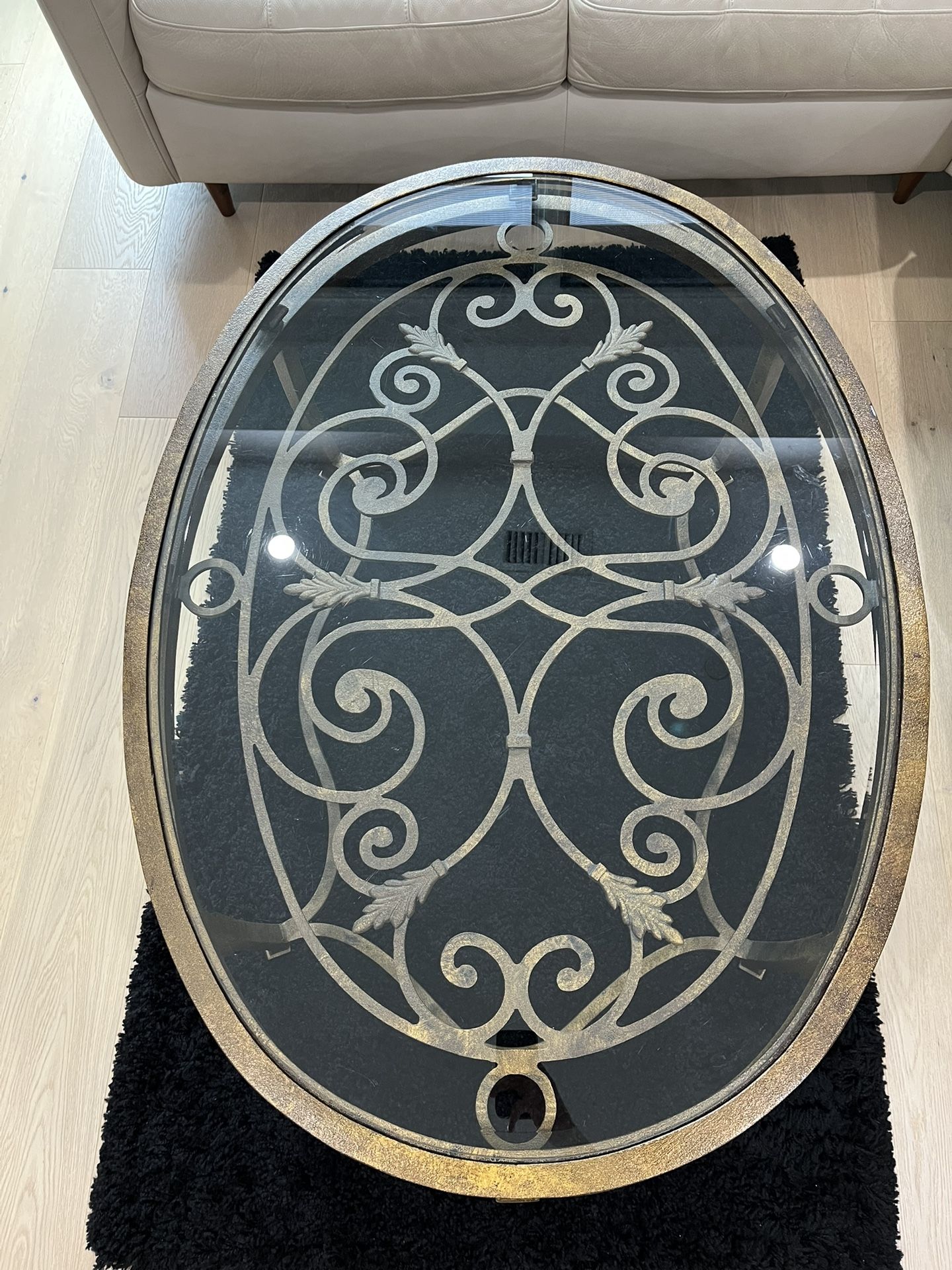 Brass Scroll Living Room Table w/ Glass Top