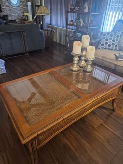Wood/Rattan Coffee Table and End Tables