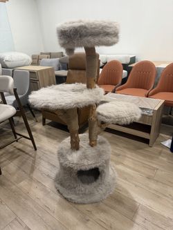 Natural Wood Cat Tree Tower with Scratching Post, 53.5 Inches Tall Modern Cat Tower with Cozy Bed and Condo, Luxury Real Branch Cat Tree for Indoor Ca