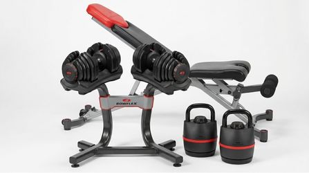 Bowflex Gym Setup - 10-90 lb Dumbbells + Rack, Pair of Kettlebells & Adjustable Bench