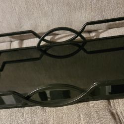 Black metal abstract mirrored tray with handles for easy carrying 16" L x 10" W