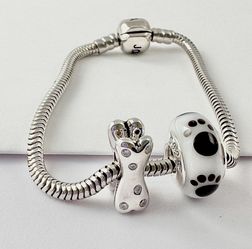 2 Charms For Pandora 925 Sterling Silver Dog Bone With Swarovski Crystals And Paw Murano 