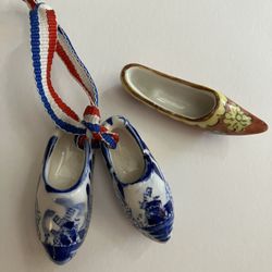 Handmade Mini Ceramic Dutch Clogs + French Ceramic Shoe Collectible Souvenir Trinket Bundle    