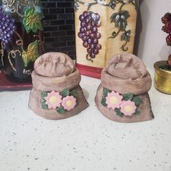 Sack and flower ceramic pots x2