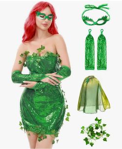 Poison Ivy Costume Women Ivy Halloween Outfit 4 Piece with Eye Mask Gloves Cape, XL