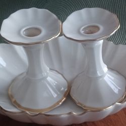 Lenox Oval Bowl with 2 Candle Stick Holders 24k Gold Trim 11”x 7.25”