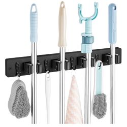 Black Mop Broom Holder Wall Mount with 4 Slots & 4 Hooks - Rustic Wood Broom Mop Hanger for Pantry Closet Laundry Room Organization - Heavy Duty Garde