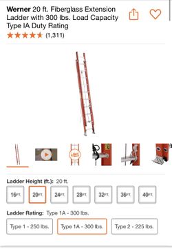 Werner 20 ft. Fiberglass Extension Ladder with 300 lbs. Load Capacity Type IA Duty Rating