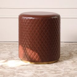 New FUKAYI Faux Oil Waxed Leather Vanity Stool Chair Makeup Room Round Dark Brown Leather Ottoman 