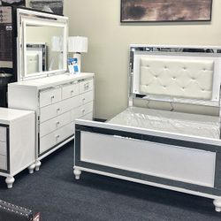 White Queen Bedroom Set ( Bed Frame, Dresser, Mirror And One Nightstand)