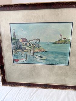 Framed Coastal Harbor Watercolor Painting