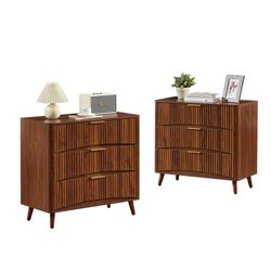 Fluted 3 Drawer Dresser Set of 2, Mid-Century Modern Tall Chest of Drawers with Vertical Grooved Design, Solid Wood Storage Cabinet with Metal Handles
