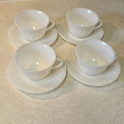 VINTAGE: Set of 4 * Fire King * Swirl * ivory * cups and saucers * Mid century