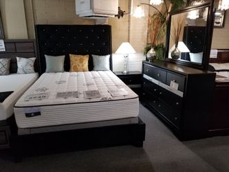 Brand new black king or ca king velvet bedframe (HB is 67" tall) + dresser with jewelry trays + mirror + nightstand 4PCs set