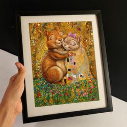 Cute Klimt-Inspired Chipmunk Couple Framed Print – Romantic Hug Art 10x12
