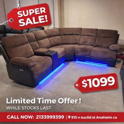 Brown Stripe Fabric & Black Technical Fabric Living Room 3-Piece Recliner Sectional Intelligent Sofa Set