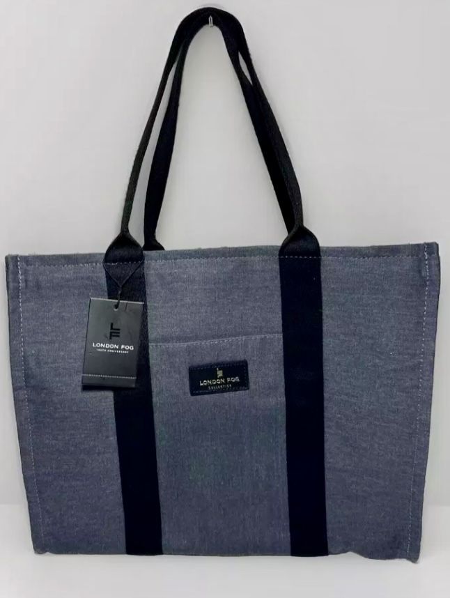 NEW London Fog Collection Canvas Zippered Tote Bag Gray/Black Denim