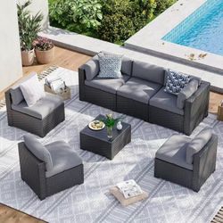 Brown 8-Piece Wicker Outdoor Patio Conversation Set with Gray Cushions, Patio Sectional Set with Fire Pit Table