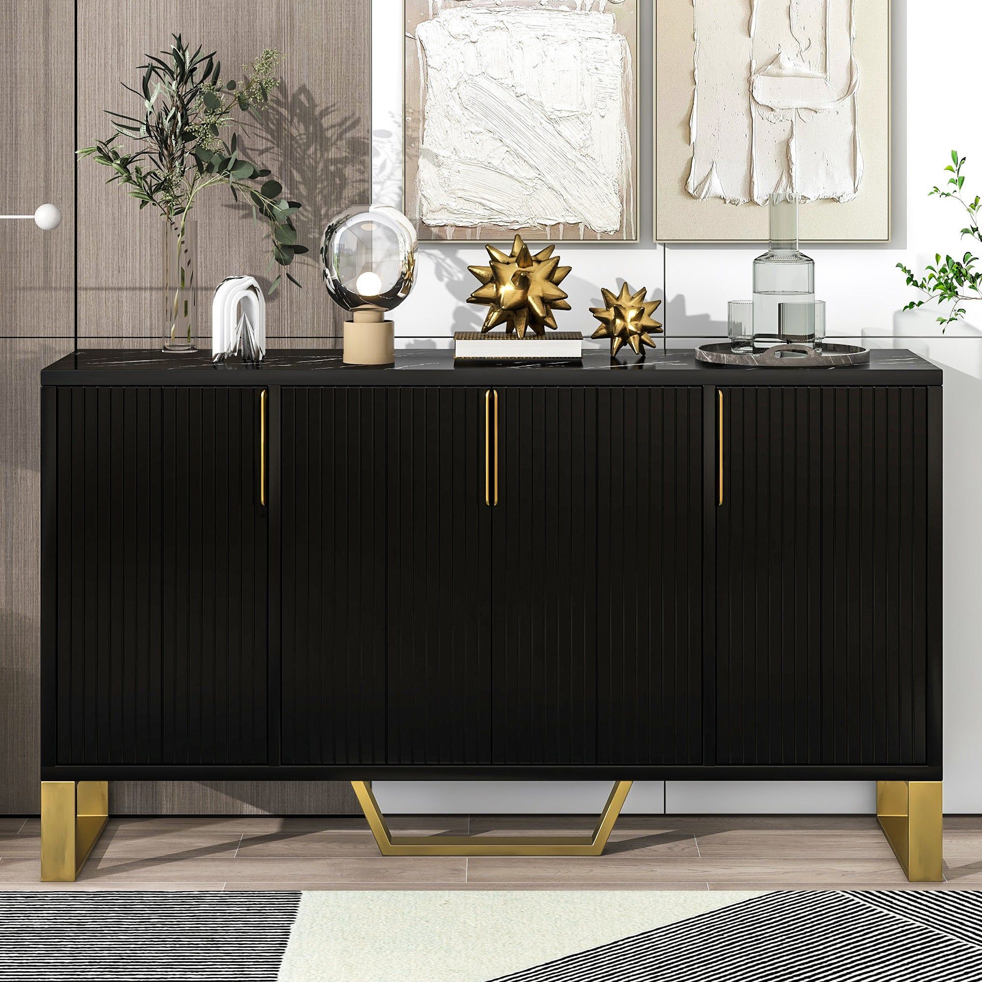 Modern Sideboard with Four Doors, Metal Handles & Legs, Adjustable Shelves, Black MDF & Particle Board