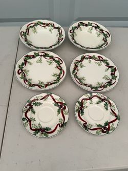 Lot Of 6 Charter Club Winter Garland Red Ribbon Holly Scalloped White  China. No chips or cracks. Beautiful lot.