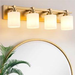 4 Light gold Modern Bathroom Light Fixtures Brass Finish Bathroom Wall Sconces with Milky White Glass Shades